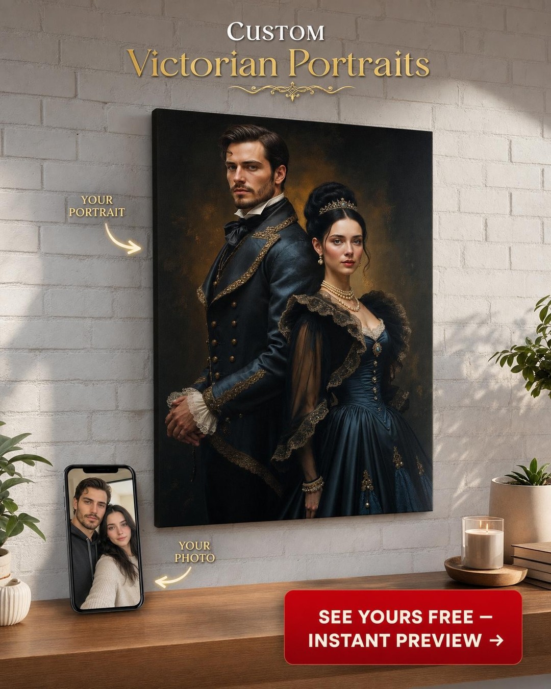 Custom Victorian Couple Portrait — Regal Throne Canvas