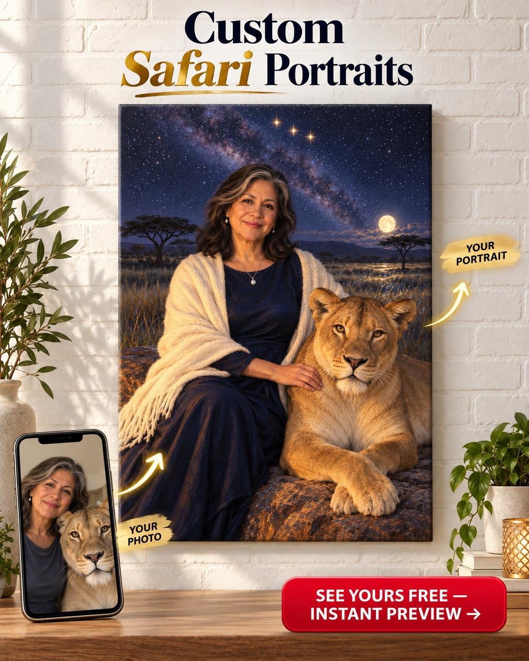 Under Their Stars Lioness Custom Portrait from Photo | Personalized Lioness Canvas Gift