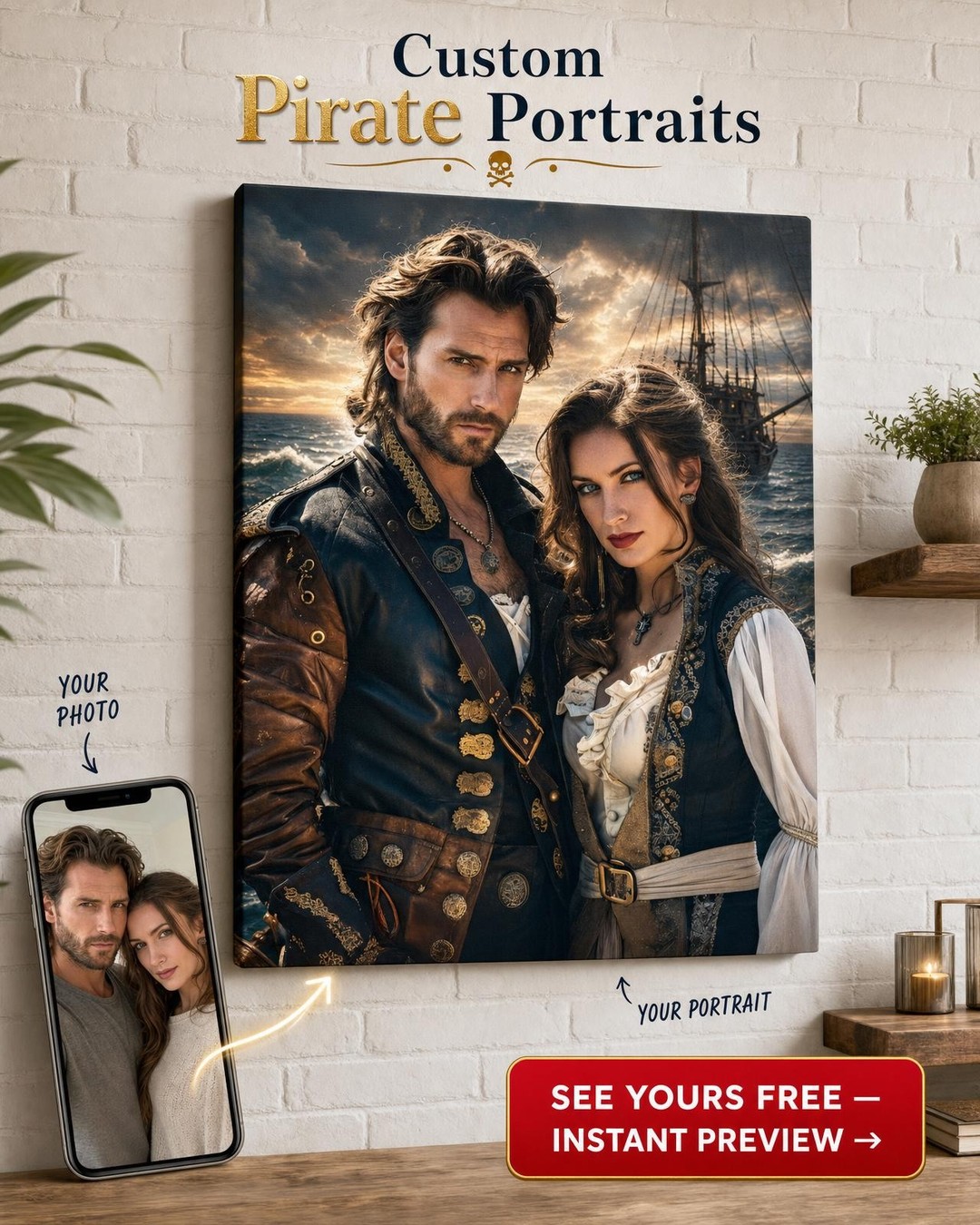 Custom Pirate Couple Portrait — Romantic Adventure Canvas