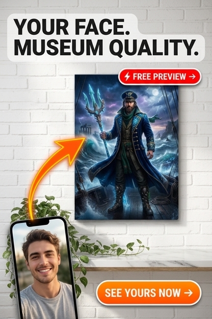 Custom Greek God Man Portrait — Heroic Ocean Canvas from Photo