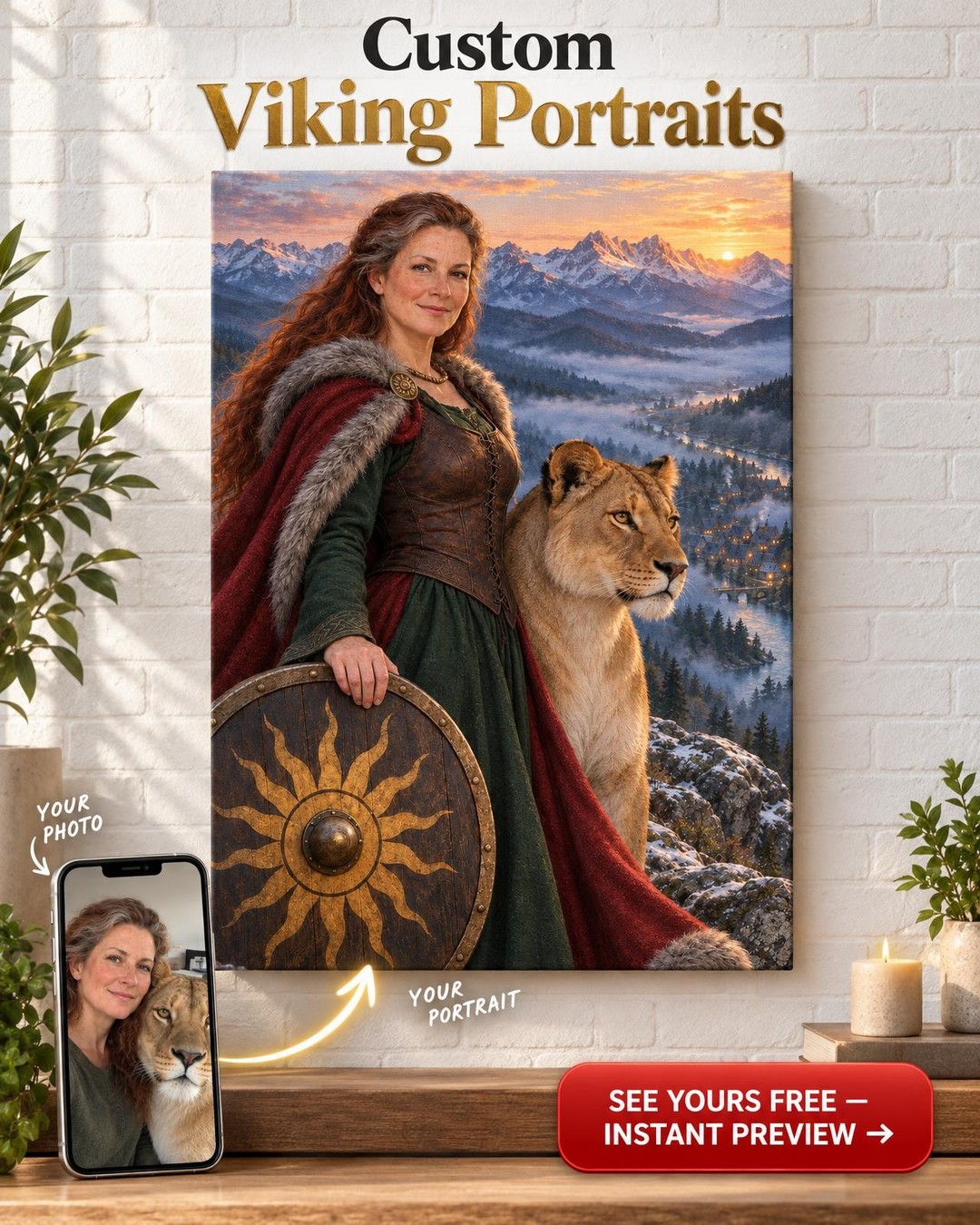 Warrior Mother at Dawn Custom Portrait from Photo | Personalized Lioness Portrait Gift