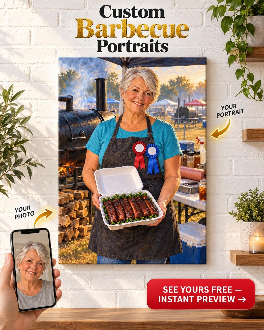 Turn-in Time BBQ Pitmaster Custom Portrait from Photo | Personalized Canvas Gift