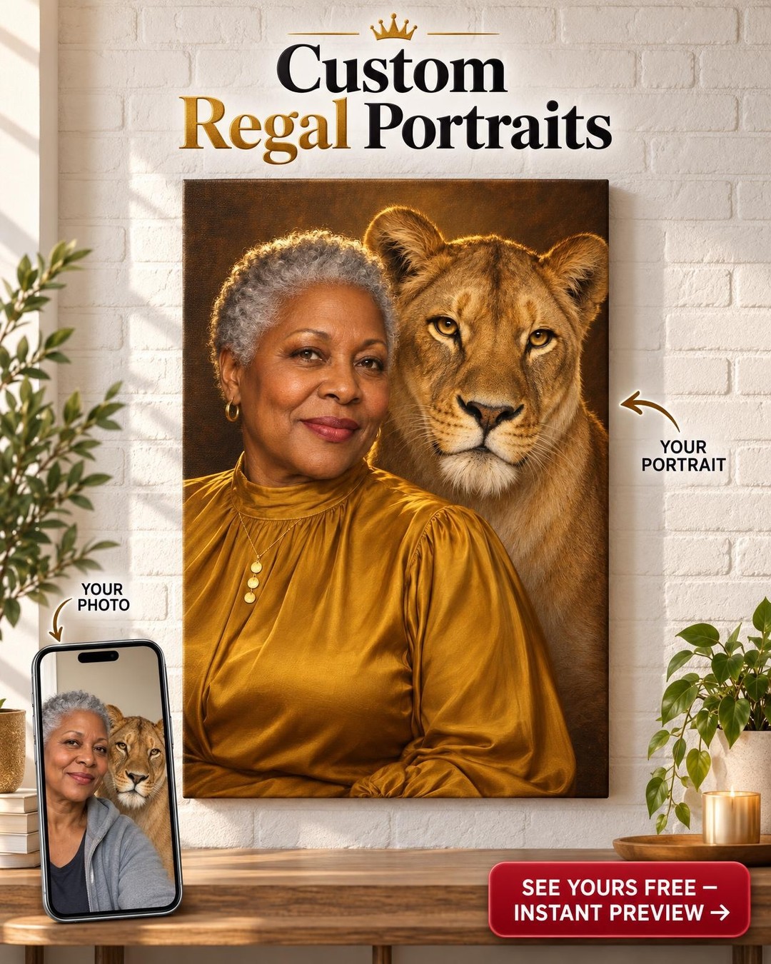 Side by Side Lioness Custom Portrait from Photo | Personalized Lioness Portrait Gift