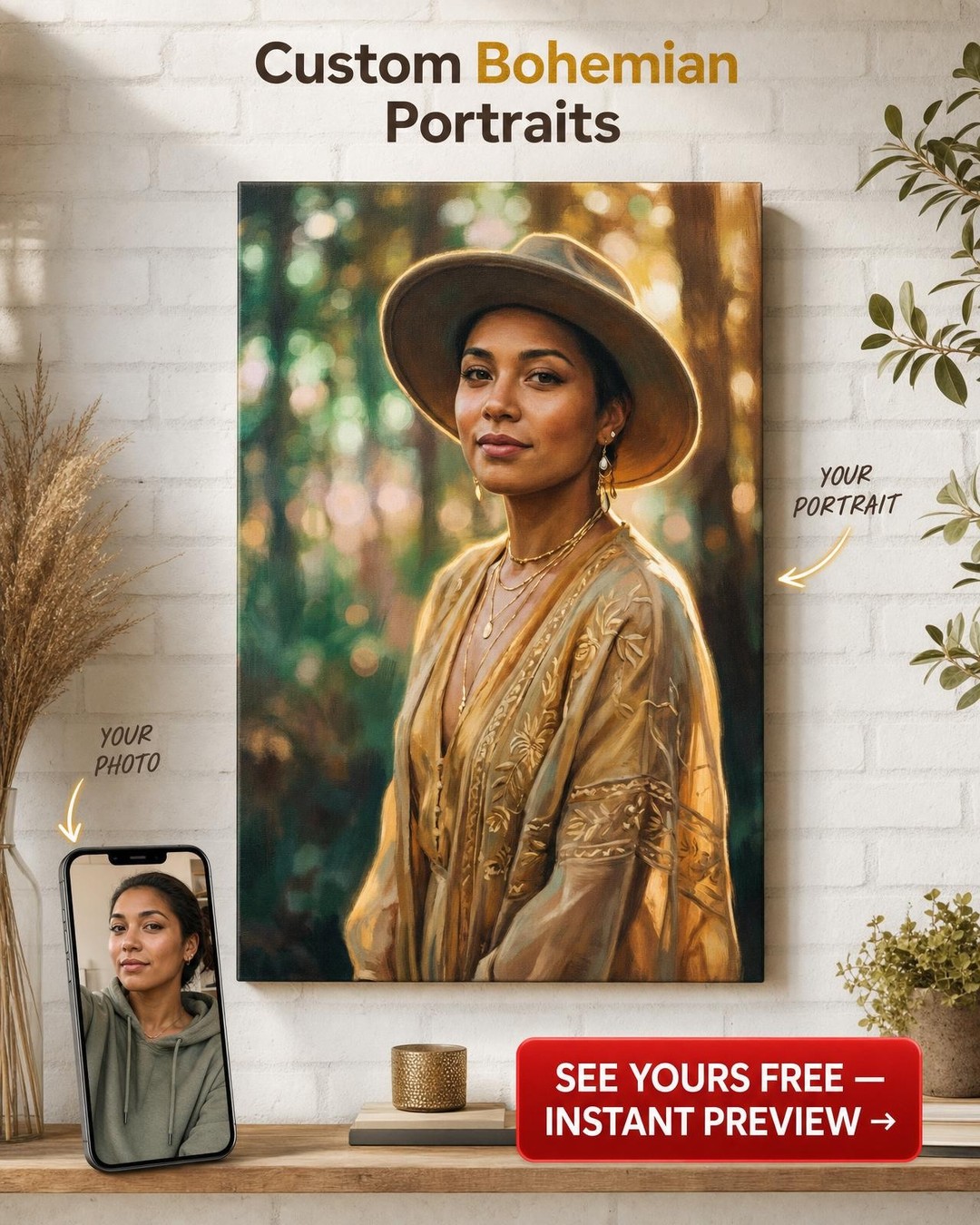 Custom Forest Woman Portrait — Serene Nature Canvas Art