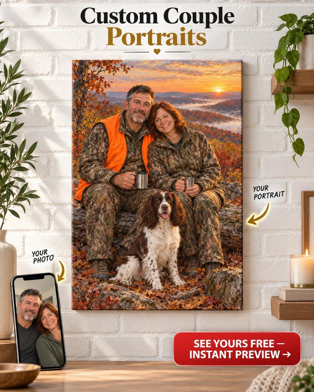 Sunrise Hunting Couple Custom Portrait from Photo | Personalized Hunting Camp Gift