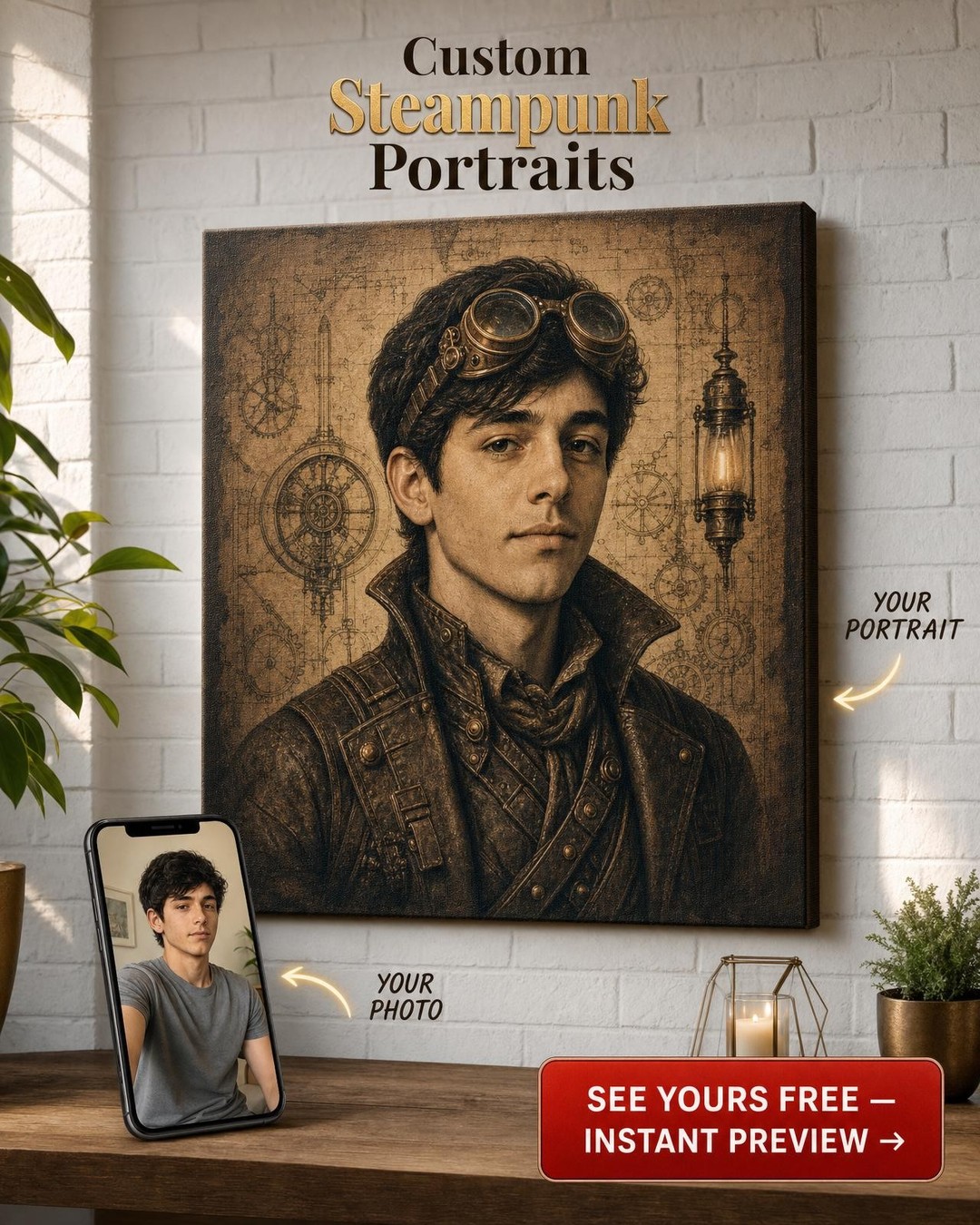 Steampunk Wanted Poster Custom Portrait from Photo | Personalized Canvas Gift