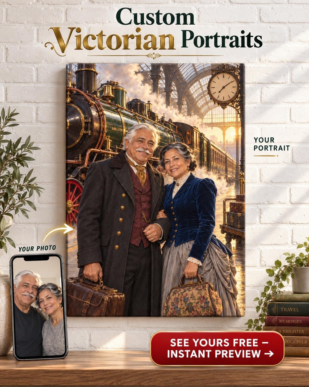 Steampunk Steam Train Couple Custom Portrait from Photo | Personalized Steampunk Airship Gift
