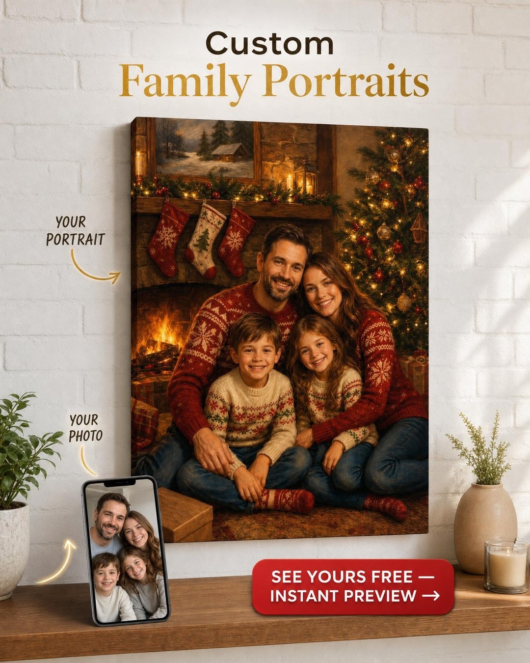 Custom Christmas Family Portrait — Festive Fireplace Canvas from Photo