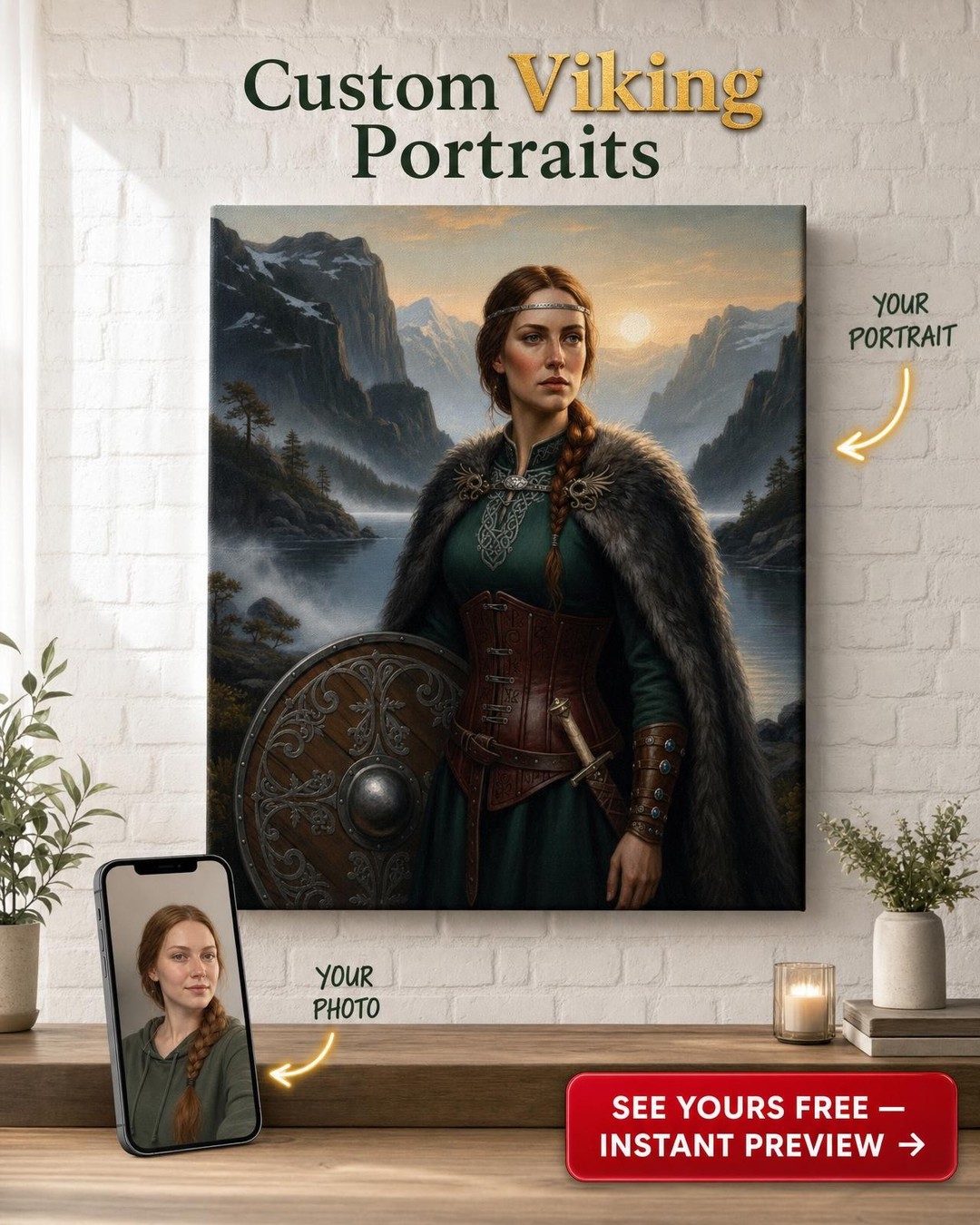 Custom Viking Woman Portrait — Heroic Shieldmaiden Canvas