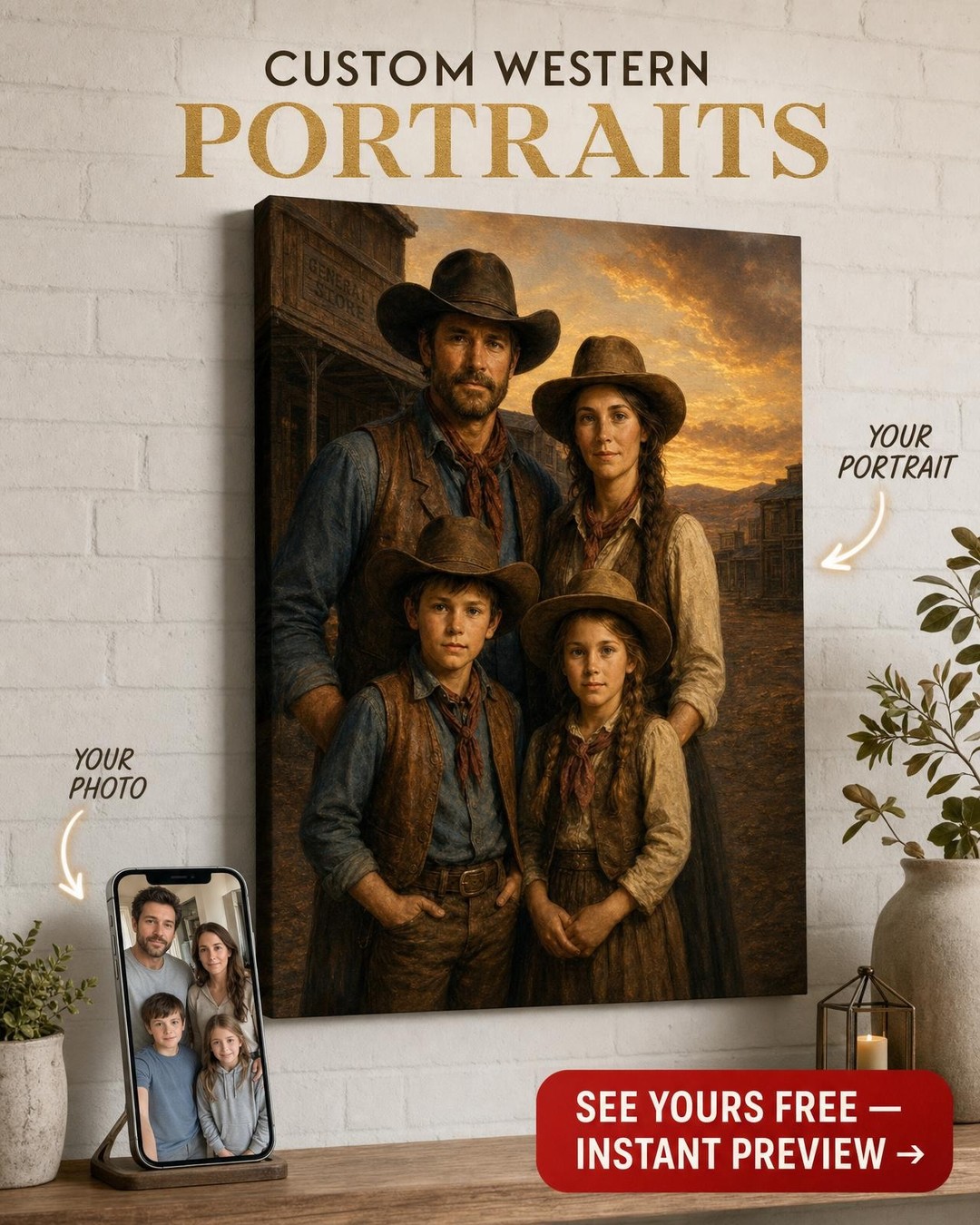 Custom Cowboy Family Portrait — Heroic Western Canvas from Photo