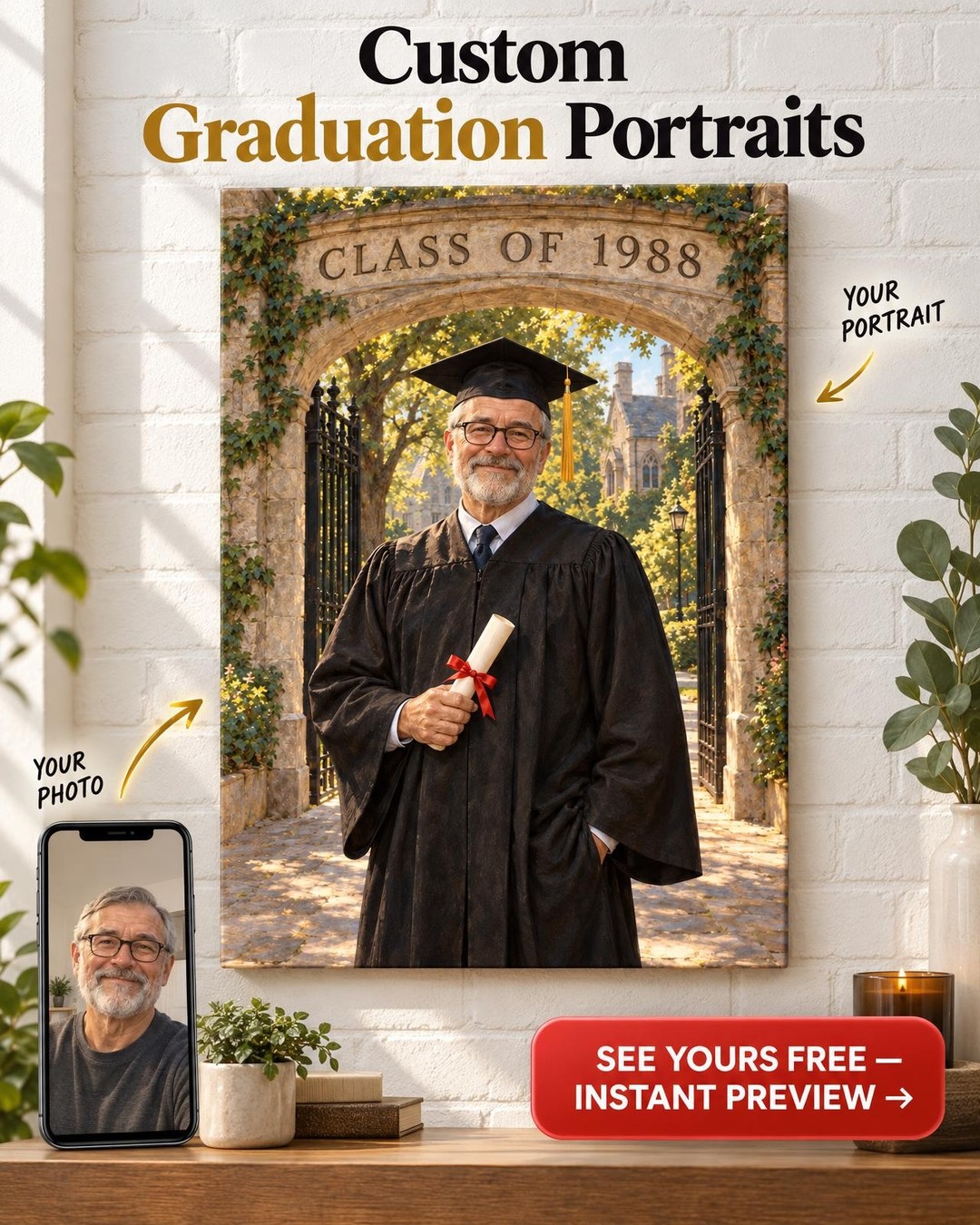 The Graduate for Him Custom Portrait from Photo | Personalized Campus Portrait Gift