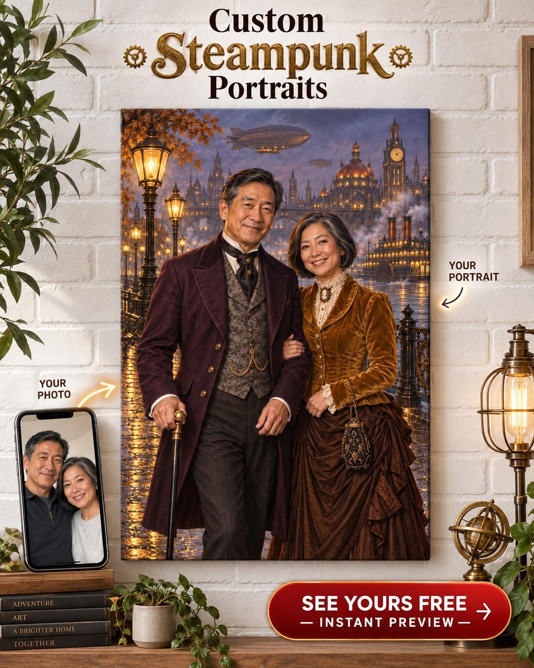 Steampunk Gaslamp Promenade Custom Portrait from Photo | Personalized Steampunk Airship Gift