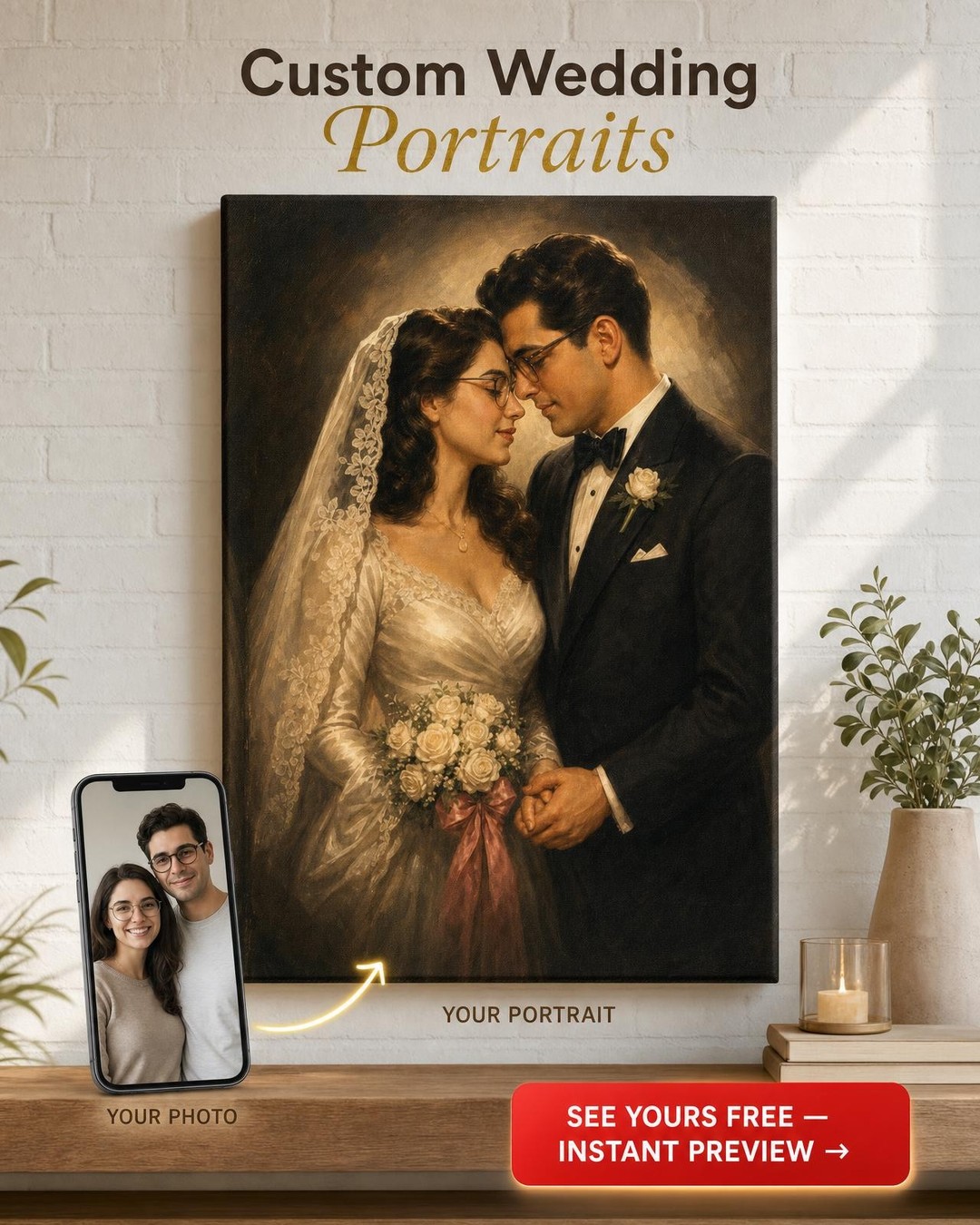 Custom 1940s Hollywood Wedding Couple Portrait from Photo | Personalized Canvas Gift