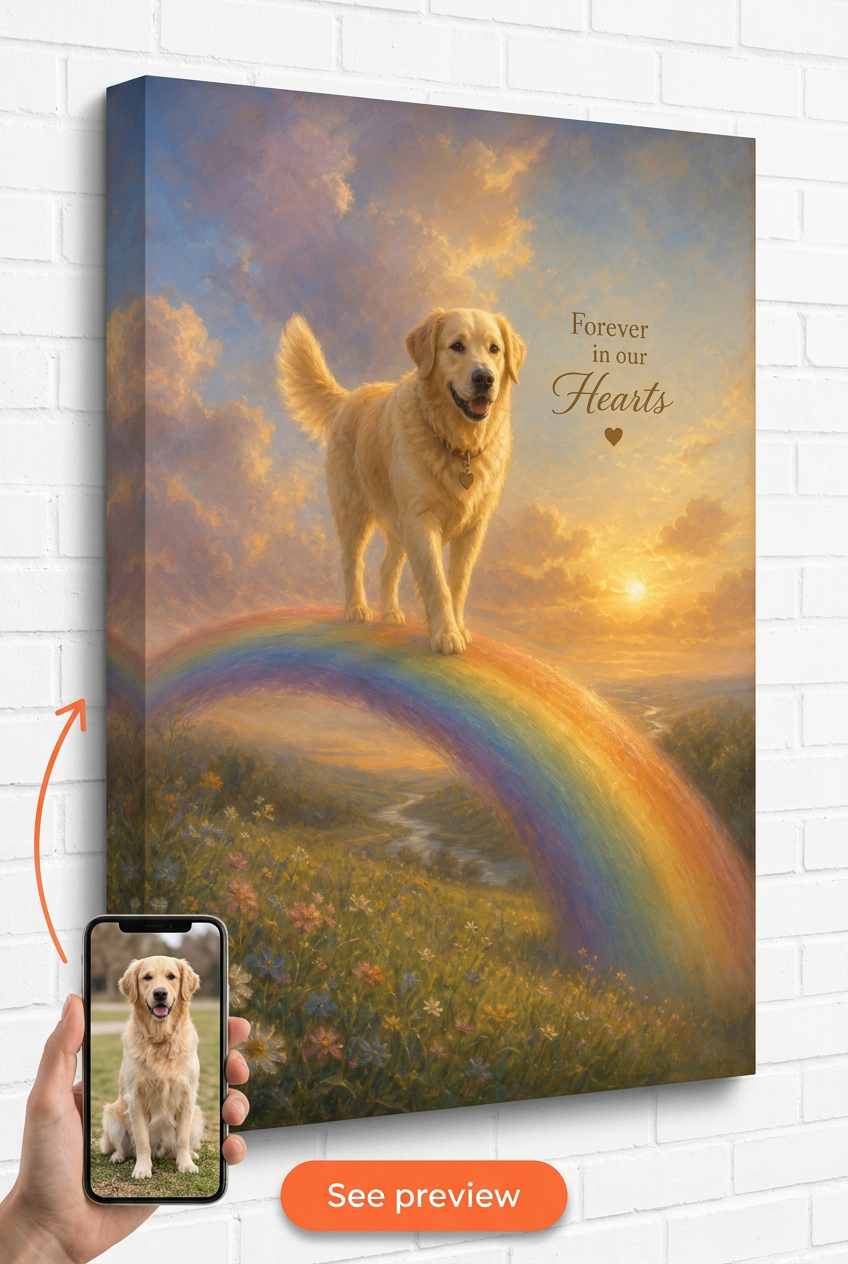 Custom Memorial Dog Portrait — Rainbow Bridge Canvas from Photo