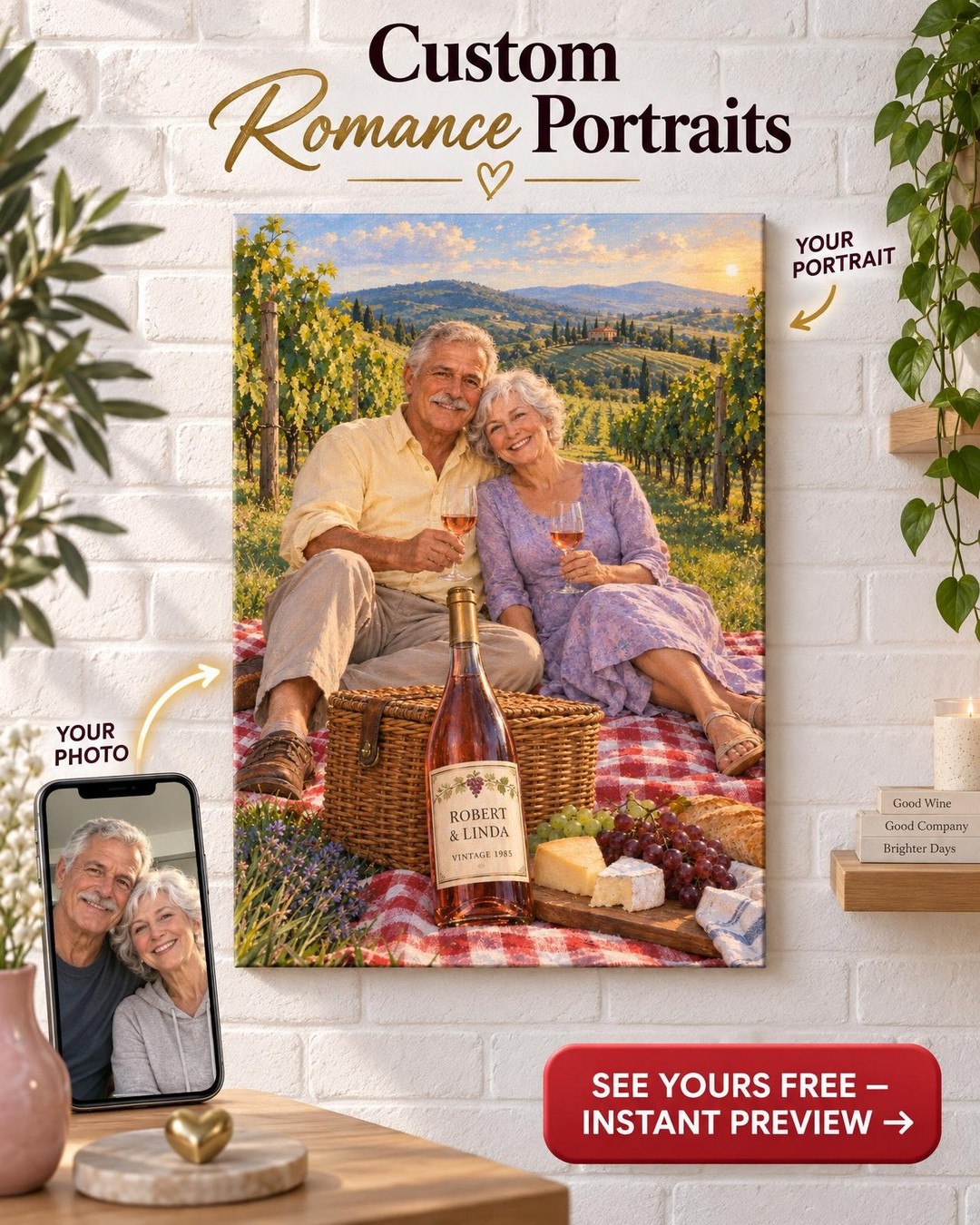 Picnic in the Vines Custom Portrait from Photo | Personalized Vineyard Romance Gift