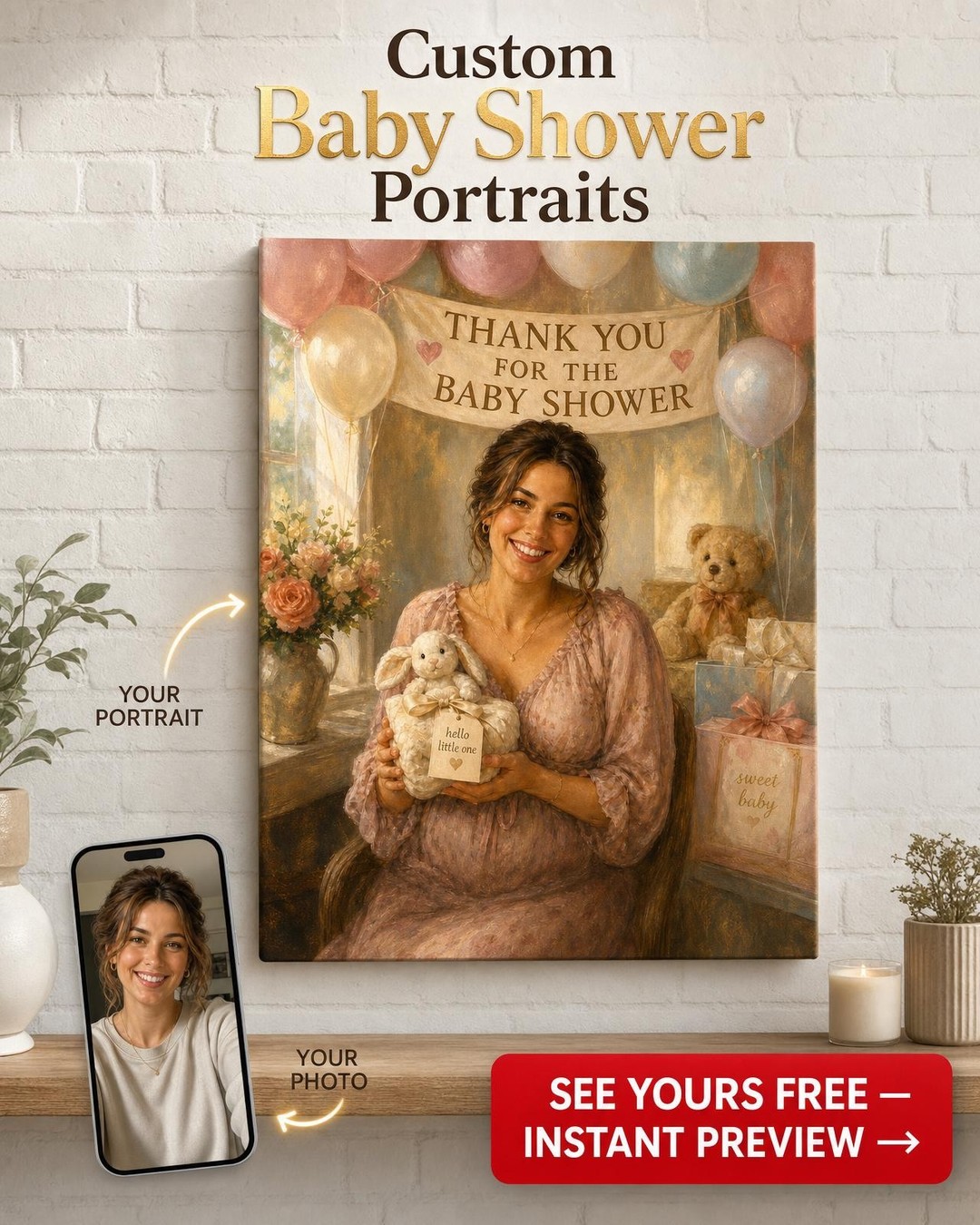 Baby Shower Host Thank You Canvas — AI-regenerated portrait personalized with na