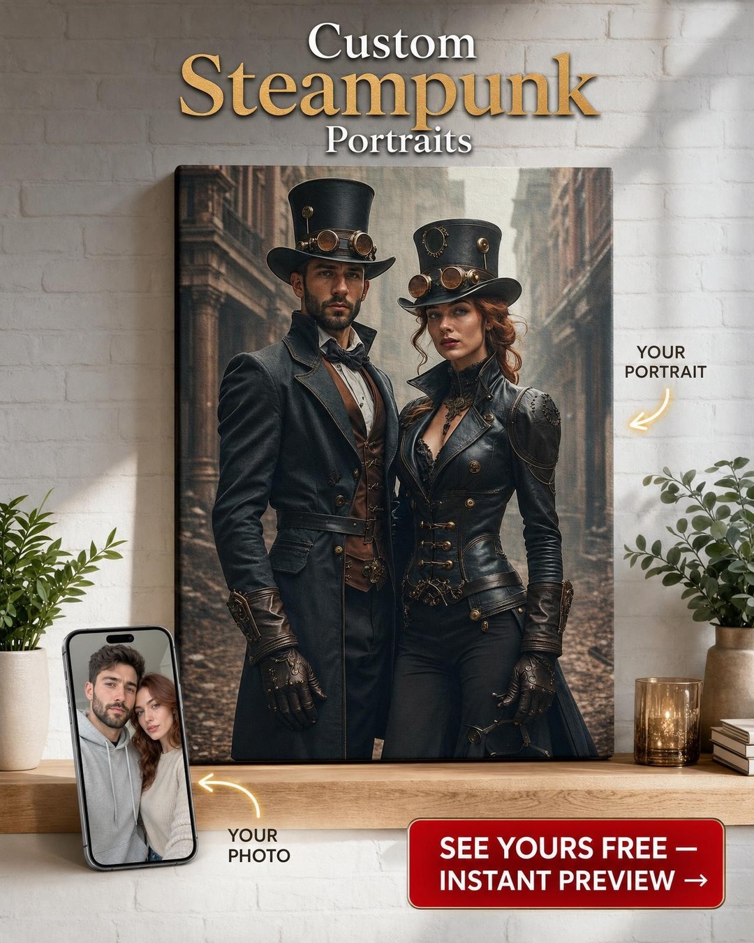 Custom Steampunk Couple Portrait On Canvas