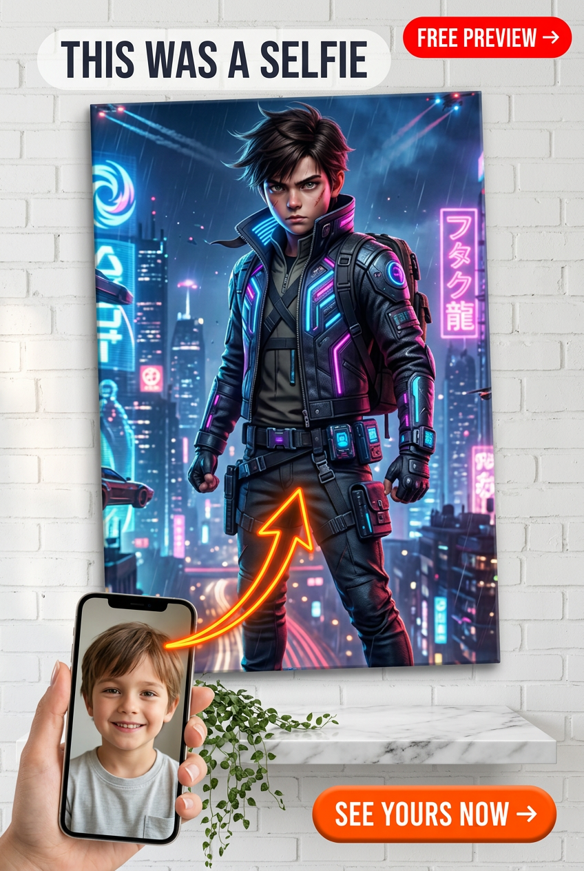 Custom Cyberpunk Man Portrait — Neon Hero Canvas Art