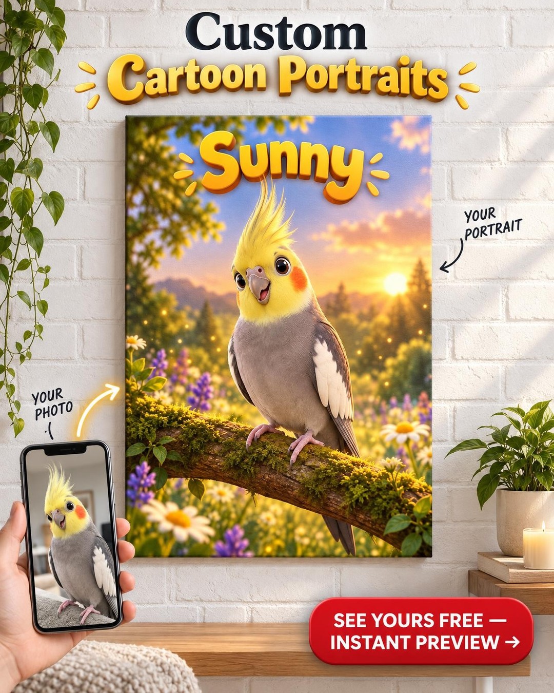 Pixar-Style Cockatiel Canvas - Custom 3D Portrait