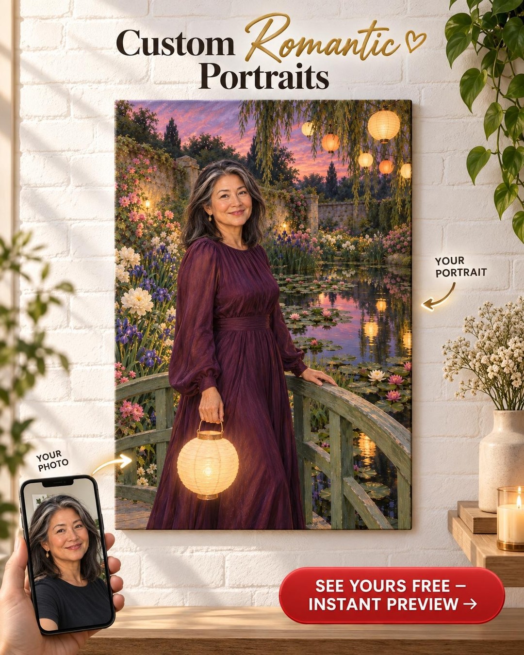 Lily Pond Lantern Custom Portrait from Photo | Personalized Slow Living Portrait Gift