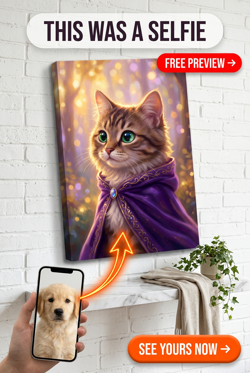 Custom Fantasy Pet Cat Portrait — Serene Jeweled Cape Canvas