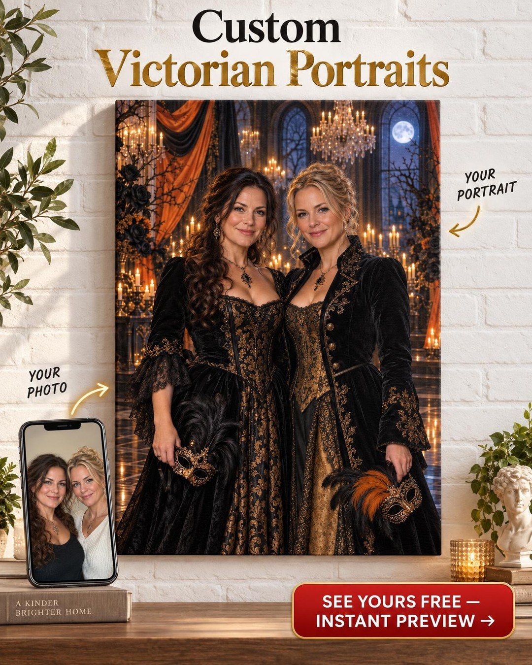 Gothic Masquerade Ball Custom Portrait from Photo | Personalized for Two Women Gift