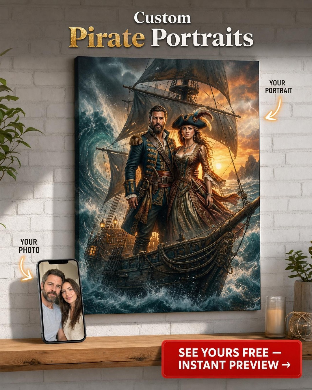 Custom Pirate Couple Portrait Canvas — Heroic Ship Art