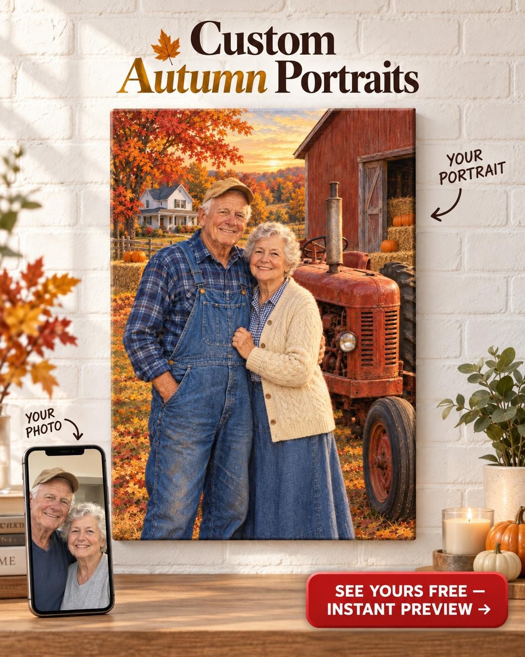 Grandpa and Grandma on the Farm Custom Portrait from Photo | Personalized Family Farm Portrait Gift