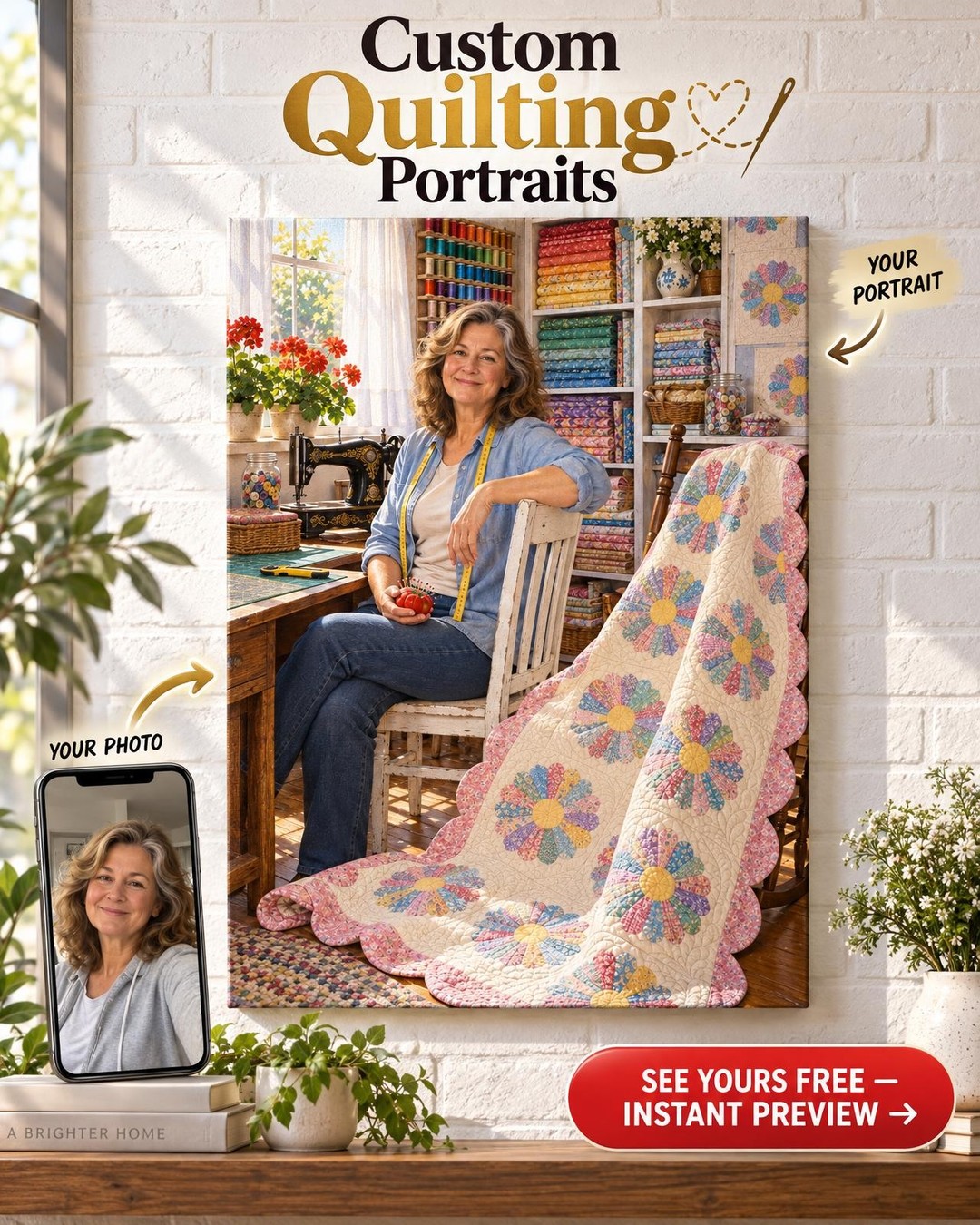 Her Sewing Room Custom Portrait from Photo | Personalized Quilting Portrait Gift