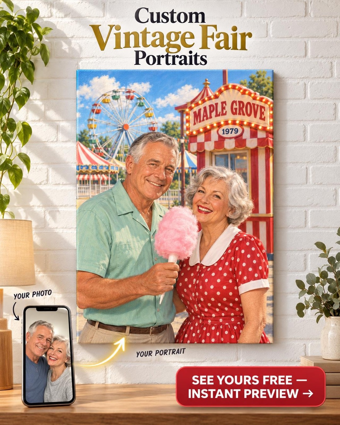 Retro Cotton Candy Sweethearts Custom Portrait from Photo | Personalized County Fair Gift