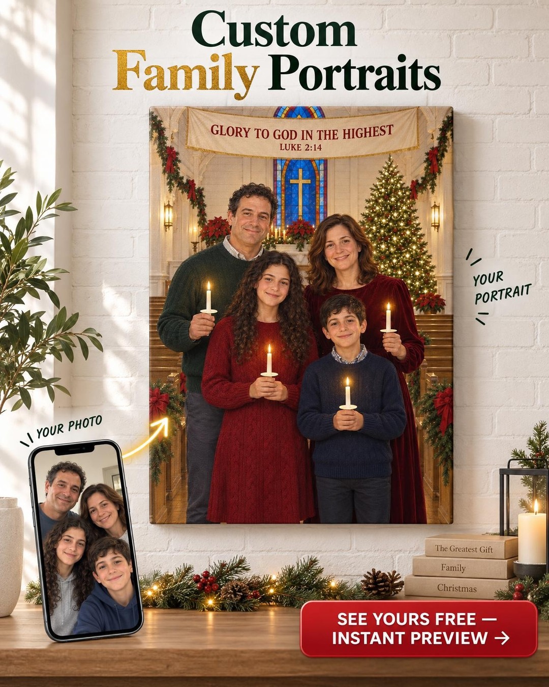 Christmas Eve Candlelight Family Custom Portrait from Photo with Bible Verse | Personalized Faith Family Gift