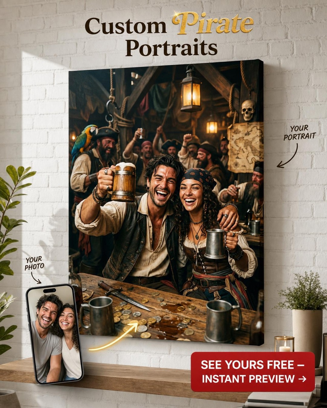 Custom Pirate Couple Portrait — Festive Tavern Canvas