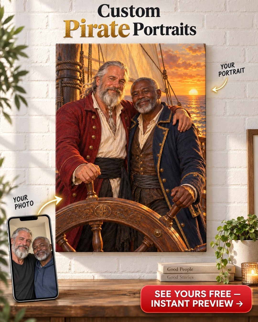Two Pirate Captains at Sunset Custom Portrait from Photo | Personalized LGBTQ Couple Gift