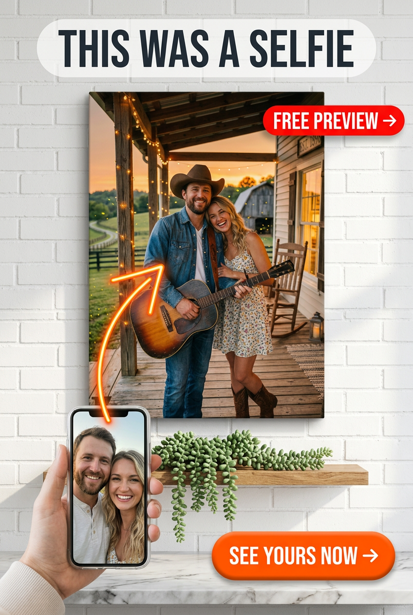 Custom Cowboy Couple Portrait — Festive Guitar Canvas Art