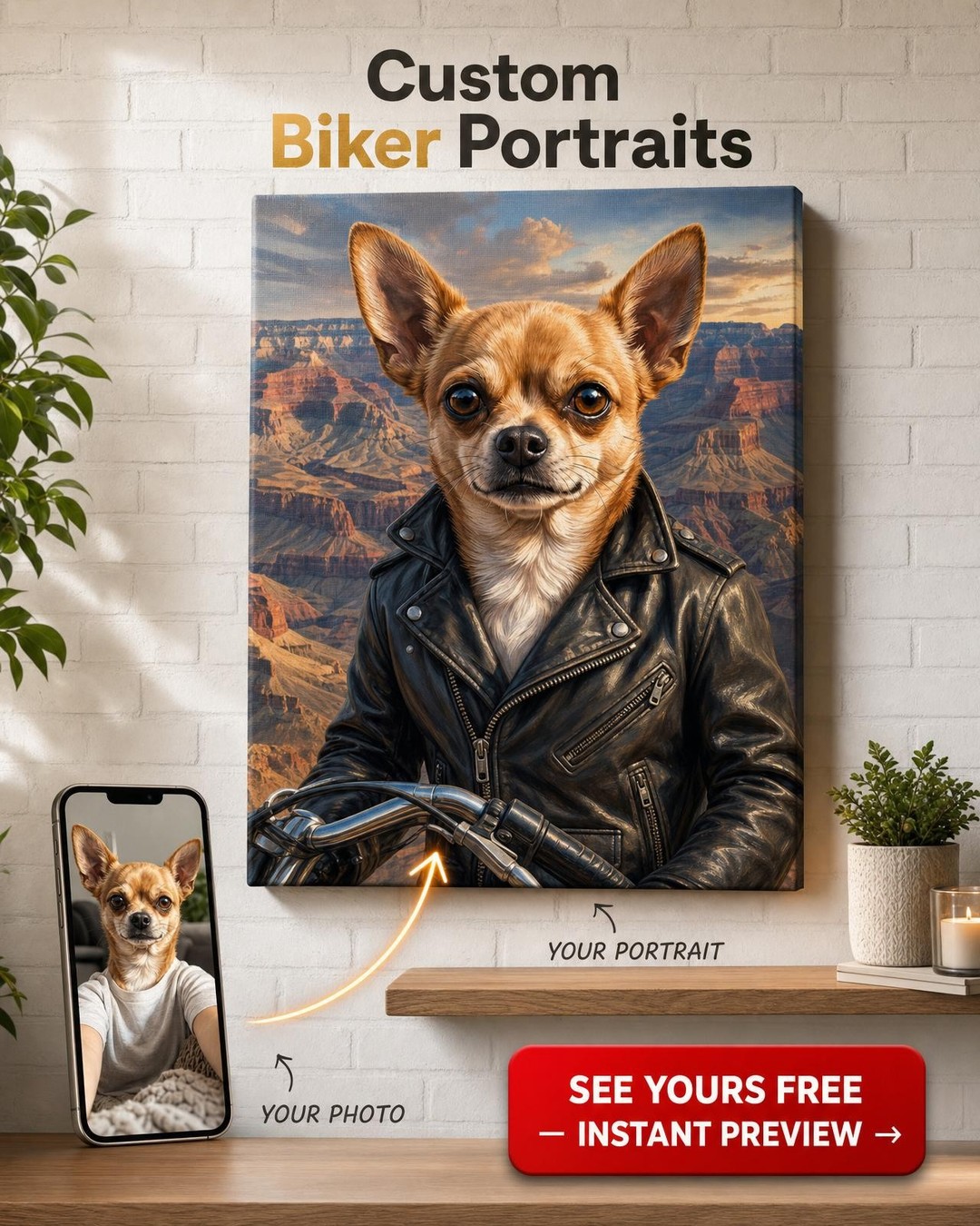 Custom Pet Dog Portrait — Whimsical Biker Canvas from Photo