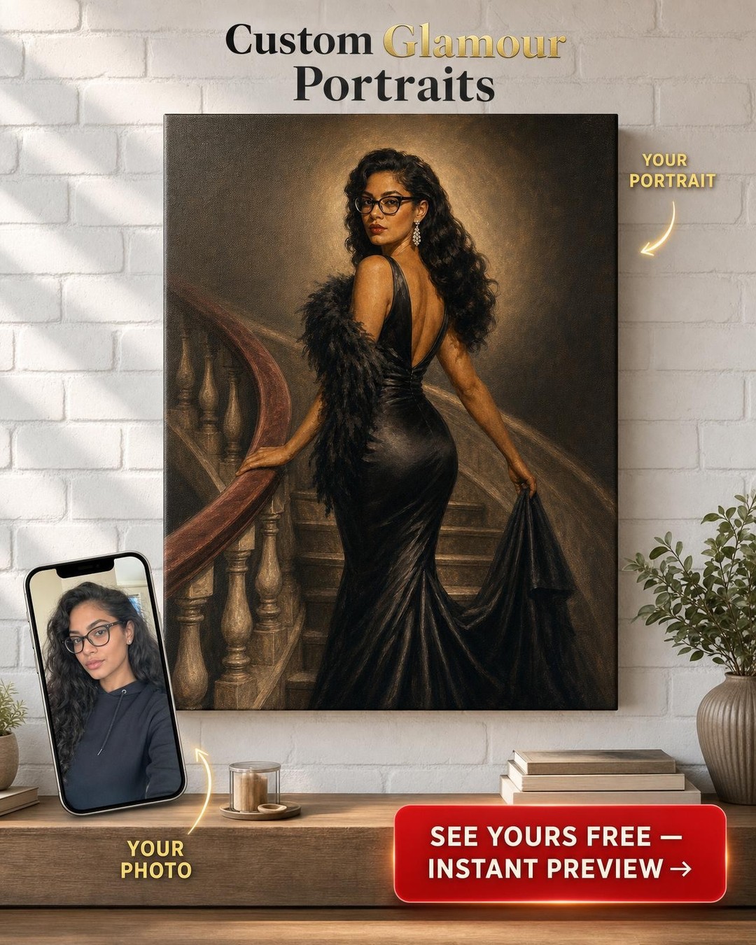 Custom 1940s Hollywood Diva Staircase Portrait — AI-regenerated portrait, fresh 