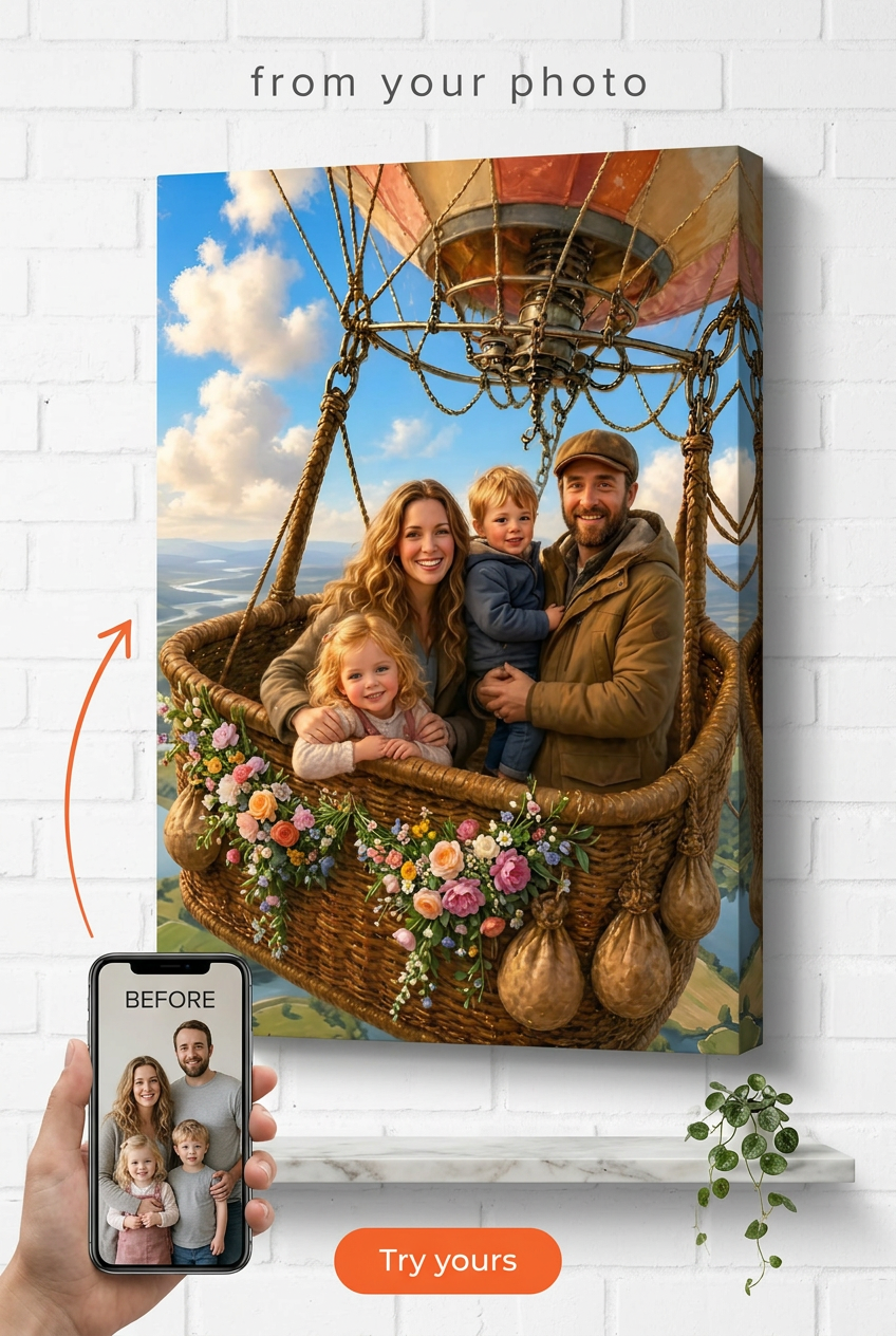 Whimsical Hot Air Balloon Family Custom Portrait from Photo | Personalized Undefined Gift