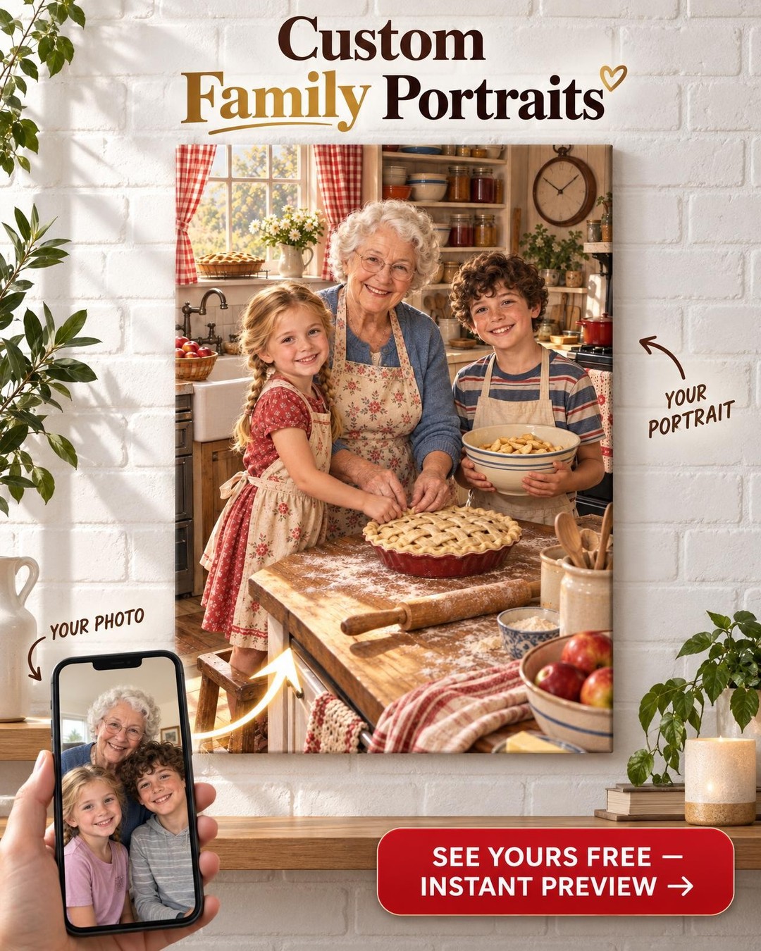 Apple Pie in Grandma's Kitchen Custom Portrait from Photo | Personalized Grandma Kitchen Portrait Gift