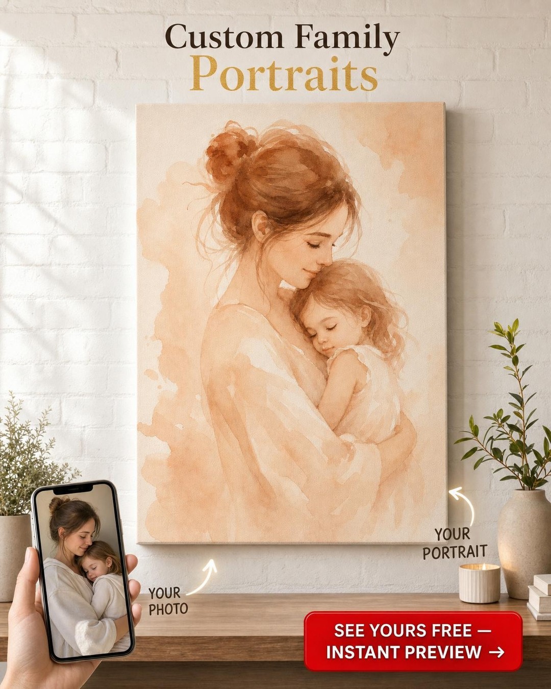 Watercolor Minimal Mom & Child Canvas — AI-regenerated portrait, fresh per order