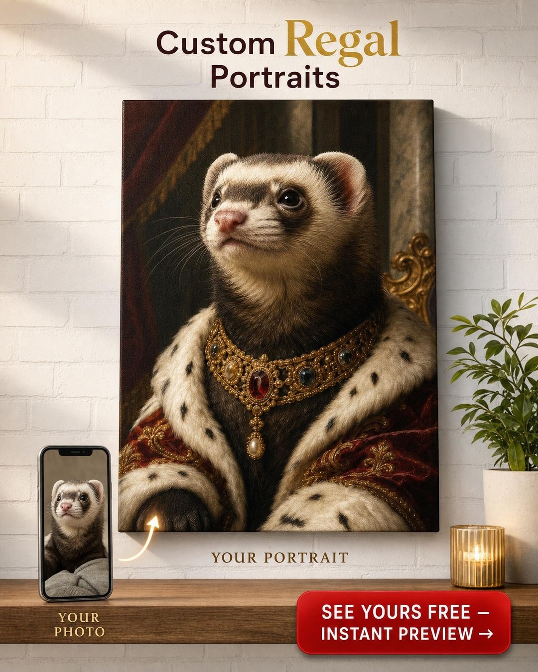 Custom Royal Cat Portrait — Regal Pet Canvas from Photo