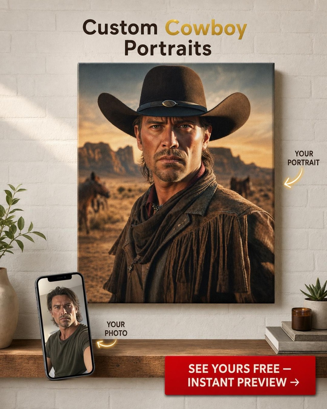 Custom Cowboy Man Portrait on Canvas