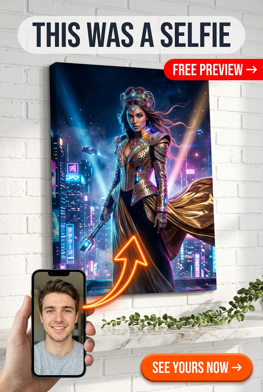 Custom Cyberpunk Man Portrait — Heroic Crown & Neon Cityscape Canvas