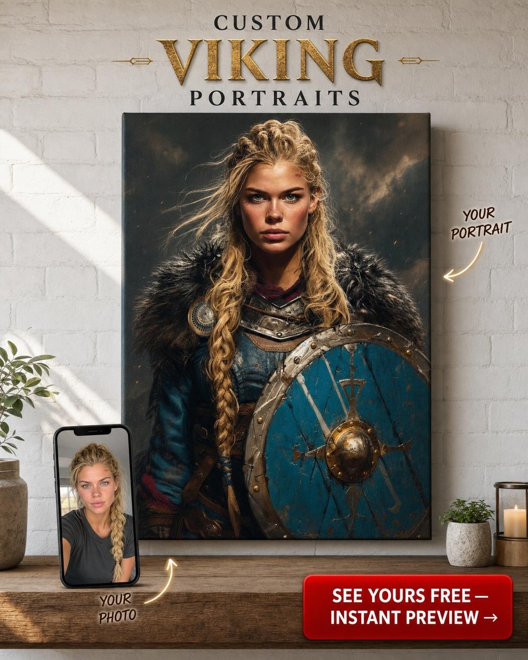 Custom Viking Woman Portrait — Heroic Warrior Canvas