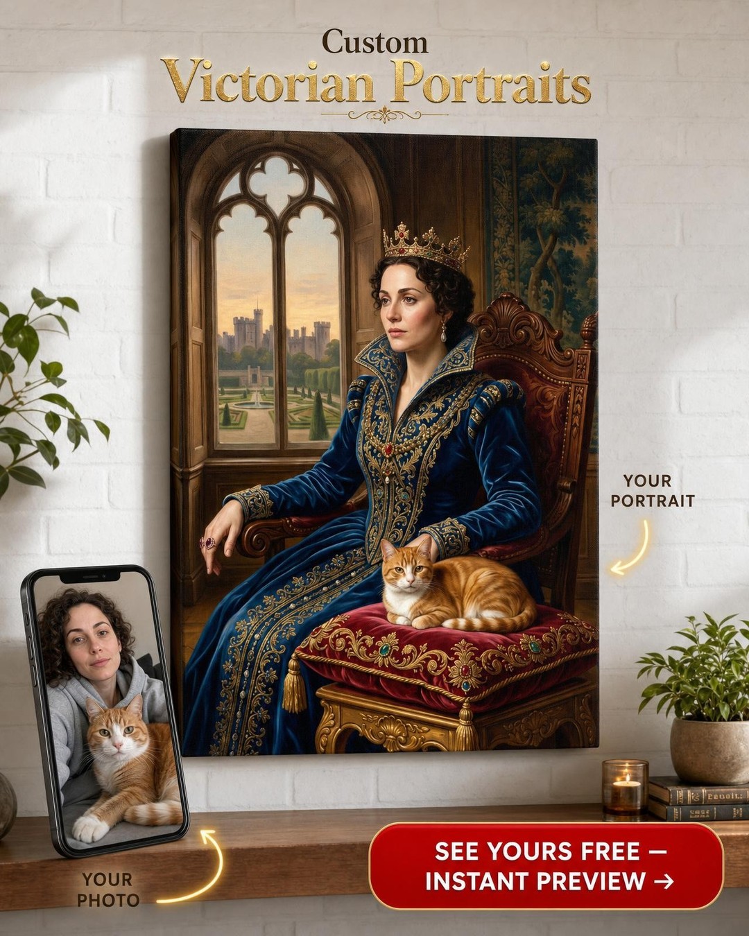 Custom Royal Woman Portrait — Regal Crown & Cat Canvas