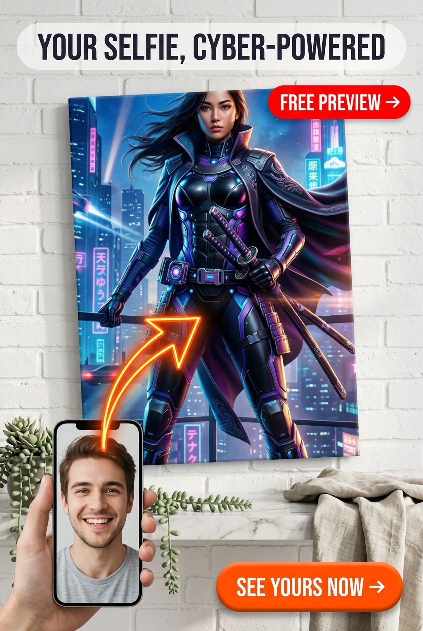 Custom Cyberpunk Man Portrait — Neon Samurai Canvas for Women