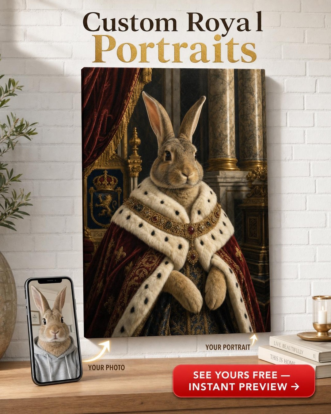 Custom Royal Cat Portrait — Regal Throne Canvas from Photo