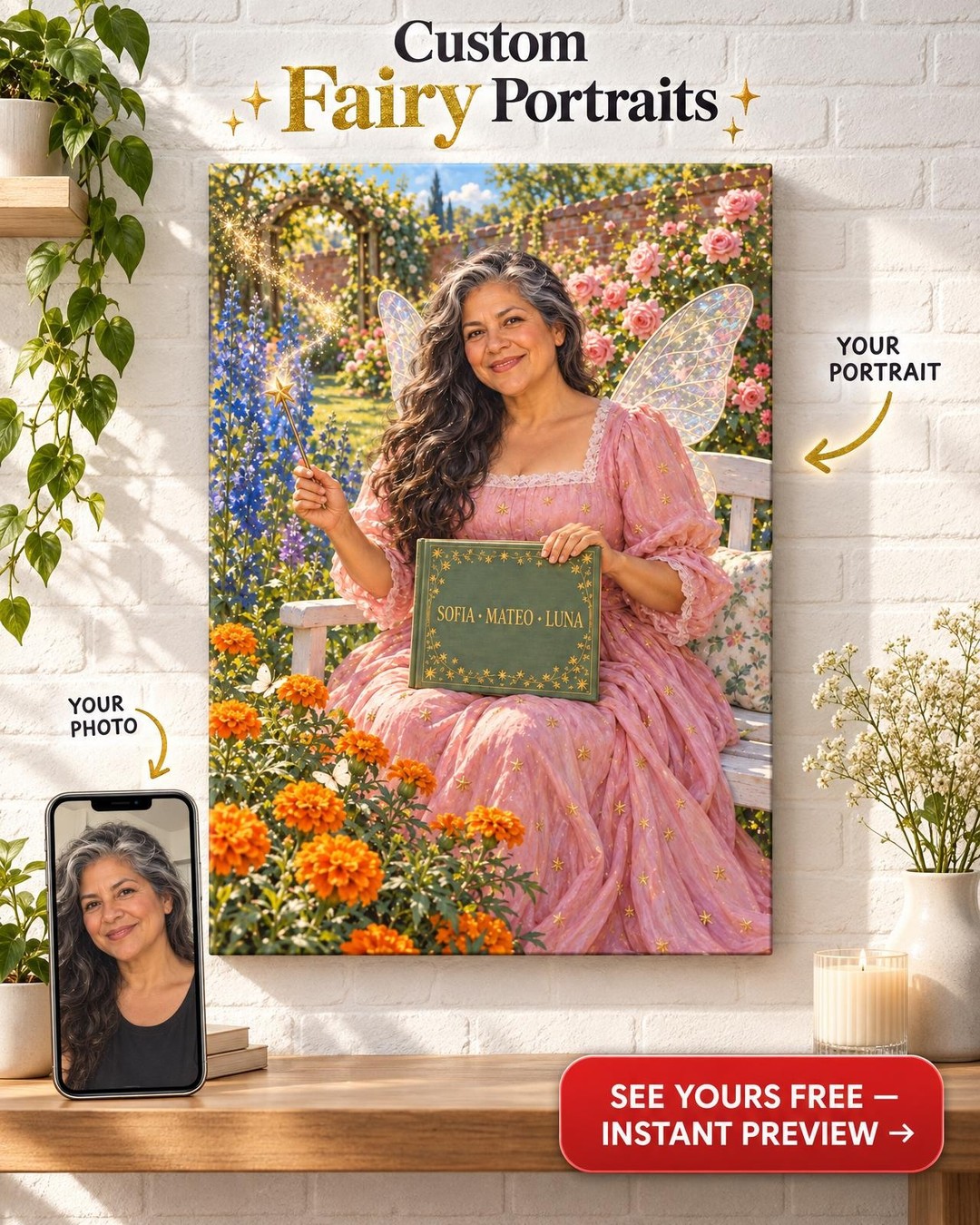 Birth-Flower Fairy Godmother Custom Portrait from Photo | Personalized Canvas Gift