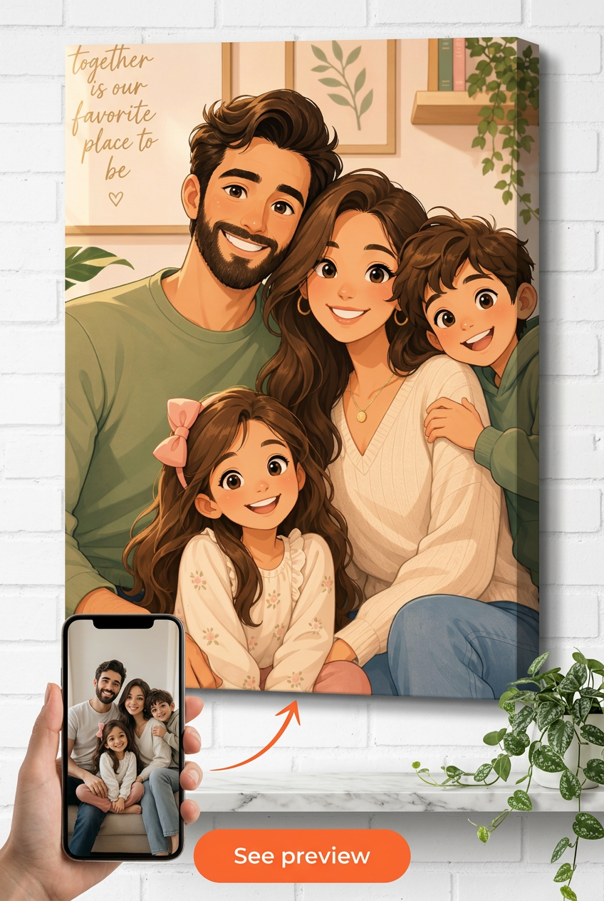 Custom Cartoon Family Portrait — Whimsical Canvas from Photo