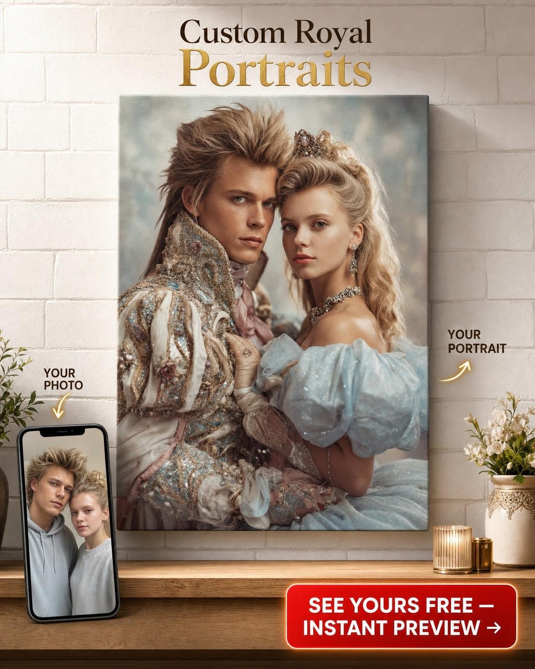 Custom Royal Couple Portrait — Romantic Crown Canvas from Photo