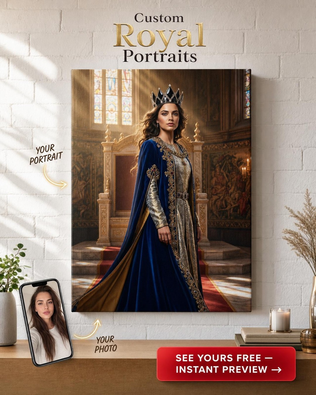 Custom Royal Woman Portrait — Regal Canvas from Photo